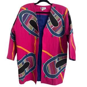 VTG Victor Camarena Mexico Art-to-Wear Jacket Hot Pink Cotton Applique Oversized